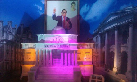 Dr. Ambedkar, a prominent Dalit leader and contemporary of Gandhi, studied at Columbia University. This float at BDD Chawls displayed during Ambedkar Jayanti celebrates his academic achievements (he holds degrees from Columbia University and the London School of Economics).