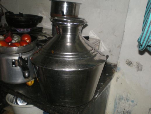 Matka used for storing drinking water. The water is usually boiled or filtered through a fine fabric before being stored.